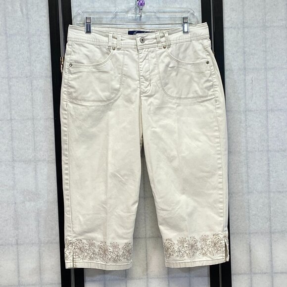 Gloria Vanderbilt High Rise Stretch Denim Capris Ivory Embroidered Perfect Fit - Picture 1 of 13